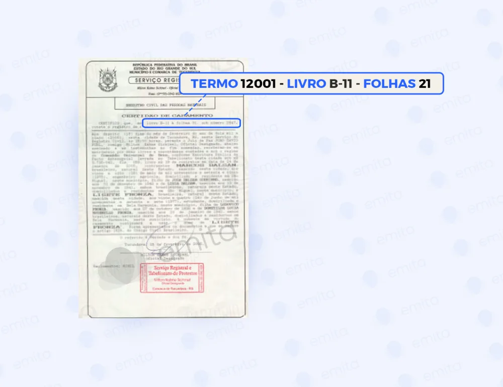 Certidão antiga com o termo, o livro e a folha em destaque no cabeçalho