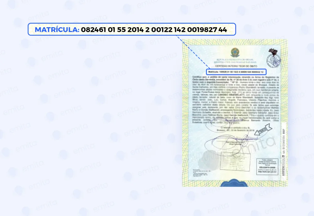 Certidão no modelo novo com a matrícula de 32 dígitos em destaque no alto da folha