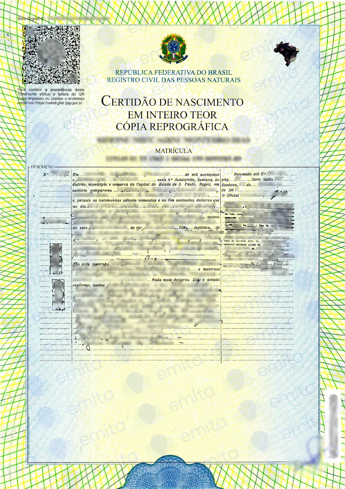 Exemplo de certidão de nascimento em inteiro teor — cópia reprográfica (dados ocultados)